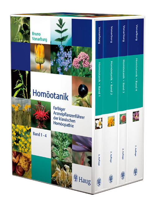 "Homöotanik. Geburtstags-Sonderausgabe zum 250. Geburtstag von Samuel Hahnemann (10.04.1755 - 10.04.2005), 4 Bde im Schmuckschuber (1: Zauberhafter Frühling; 2: Blütenreicher Sommer; 3: Farbenprächtiger Herbst; 4: Extravagante Exoten). Farbiger Arzneipflanzenführer der klassischen Homöopathie" - Bruno Vonarburg