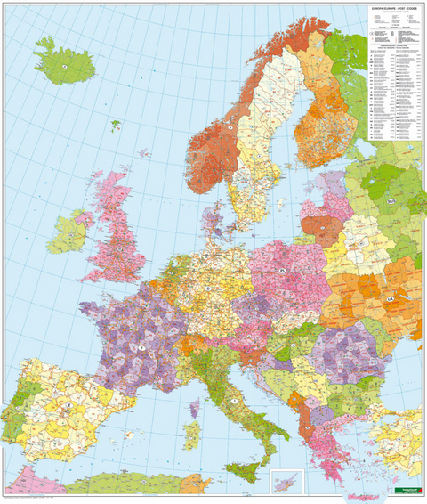 Europa Postleitzahlen, Postleitzahlenkarte 1:3,7 Mio., Poster - 