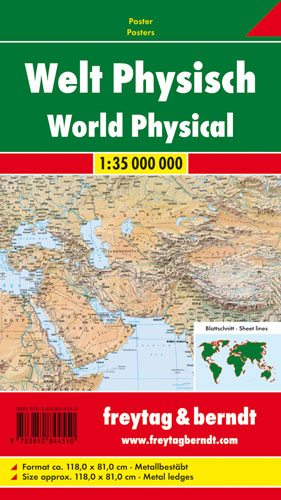 Welt physisch, 1:35 Mill., Poster metallbestäbt - 