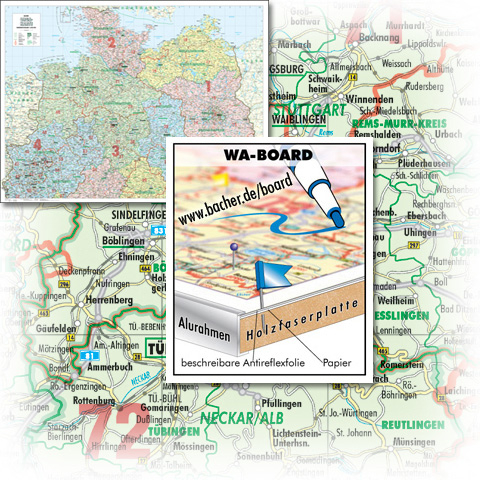 BACHER Organisations-Karte Norddeutschland Maßstab 1:500 000, WA-BOARD Landkartentafel, aufgezogen, folienbeschichtet mit Aluleiste gerahmt