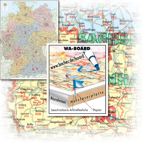 BACHER Postleitzahlenkarte Gesamtdeutschland Maßstab 1:500 000, WA-BOARD Landkartentafel, aufgezogen, folienbeschichtet mit Aluleiste gerahmt