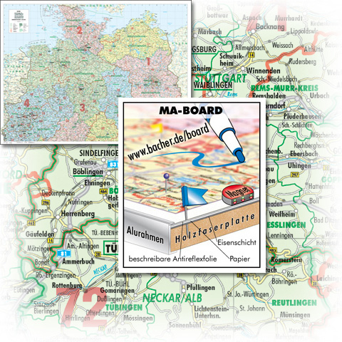 BACHER Organisations-Karte Norddeutschland Maßstab 1:500 000, MA-BOARD Landkartentafel, aufgezogen, folienbeschichtet, magnetisch mit Aluleiste gerahmt