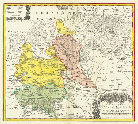 Historische Karte : Grafschaft Hohnstein mit den Herrschaften Klettenberg und Lohra im Harz 1761 (Plano) - Erben Homann