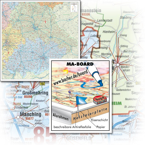 BACHER Postleitzahlenkarte Bayern Maßstab 1:255 000, Sonderausgabe als großformatiger Digitaldruck, MA-BOARD Landkartentafel, aufgezogen, folienbeschichtet, magnetisch mit Aluleiste gerahmt