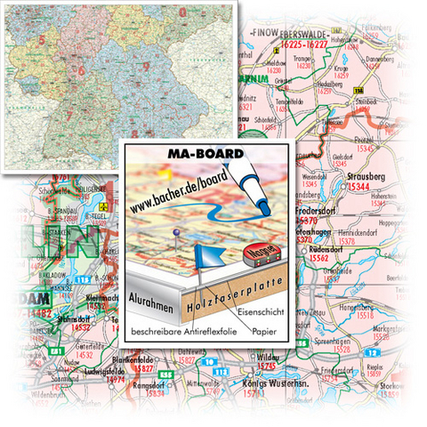 BACHER Postleitzahlenkarte und Verwaltungskarte Süddeutschland Maßstab 1:450000, Sonderausgabe als großformatiger Digitaldruck, MA-BOARD Landkartentafel, aufgezogen, folienbeschichtet, magnetisch mit Aluleiste gerahmt