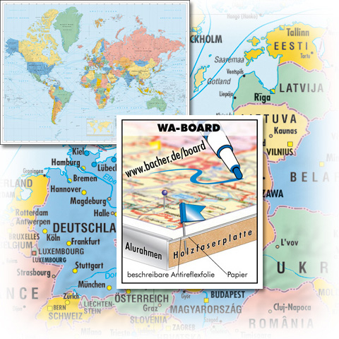BACHER Politische Weltkarte "Business World" Maßstab 1:20 Mio. WA-BOARD Landkartentafel, aufgezogen, folienbeschichtet mit Aluleiste gerahmt