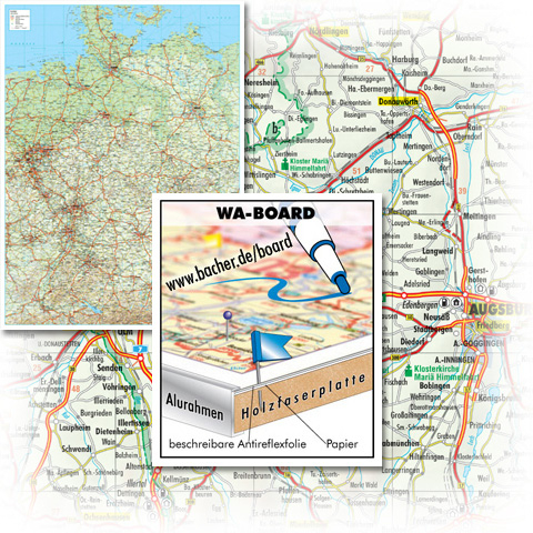 BACHER Miniposter, Straßenkarte Deutschland Maßstab 1:1,4 Mio. WA-BOARD Landkartentafel, aufgezogen, folienbeschichtet mit Aluleiste gerahmt