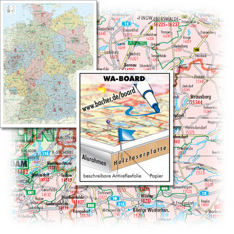 BACHER Postleitzahlenkarte und Verwaltungskarte Gesamtdeutschland Maßstab 1:450000, Sonderausgabe als großformatiger Digitaldruck, WA-BOARD Landkartentafel, aufgezogen, folienbeschichtet mit Aluleiste gerahmt