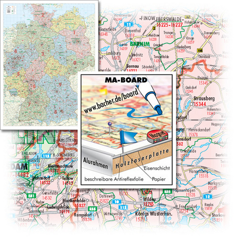 BACHER Postleitzahlenkarte und Verwaltungskarte Gesamtdeutschland Maßstab 1:600000, Sonderausgabe als großformatiger Digitaldruck, MA-BOARD Landkartentafel, aufgezogen, folienbeschichtet, magnetisch mit Aluleiste gerahmt