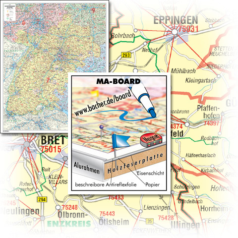 BACHER Postleitzahlenkarte Baden-Württemberg Maßstab 1:165 000, Sonderausgabe als großformatiger Digitaldruck, MA-BOARD Landkartentafel, aufgezogen, folienbeschichtet, magnetisch mit Aluleiste gerahmt