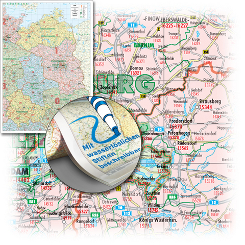 BACHER Postleitzahlenkarte und Verwaltungskarte Ostdeutschland Maßstab 1:380000, Sonderausgabe als großformatiger Digitaldruck, Papierkarte gerollt, beidseitig laminiert