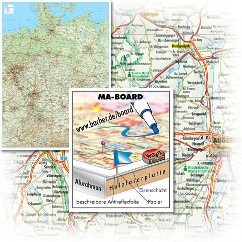 BACHER Miniposter, Straßenkarte Deutschland Maßstab 1:1,4 Mio. MA-BOARD Landkartentafel, aufgezogen, folienbeschichtet, magnetisch mit Aluleiste gerahmt