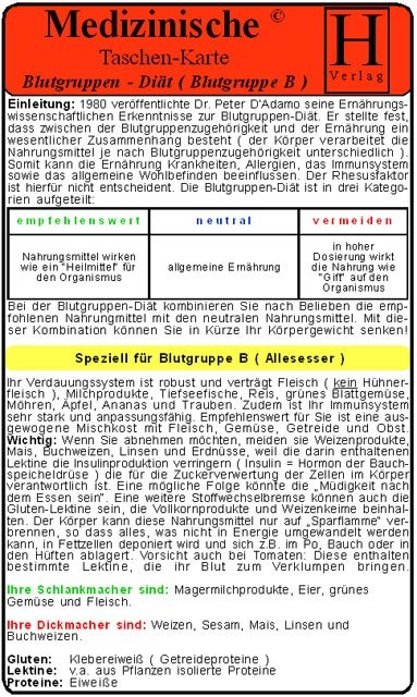 Blutgruppen-Diät - Blutgruppe B - Medizinische Taschen-Karte - 