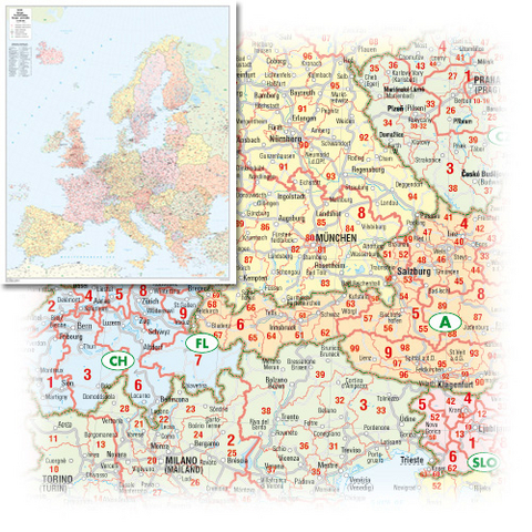 BACHER Postleitzahlenkarte Europa XXL Maßstab 1:2,5 Mio. Sonderausgabe als großformatiger Digitaldruck, Papierkarte gerollt