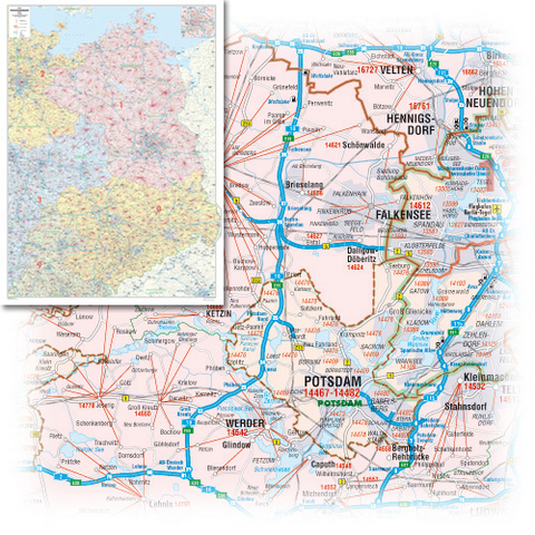 BACHER Postleitzahlenkarte Nord-Ost Maßstab 1:255 000, Sonderausgabe als großformatiger Digitaldruck, Papierkarte gerollt