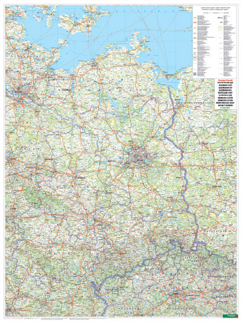 Wandkarte: Deutschland Ost, Poster, 1:500.000, Metallbestäbt in Rolle - 