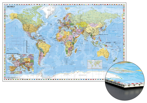 Weltkarte mit Ausschnitt Zentraleuropa zum Pinnen auf Wabenplatte - Heinrich Stiefel