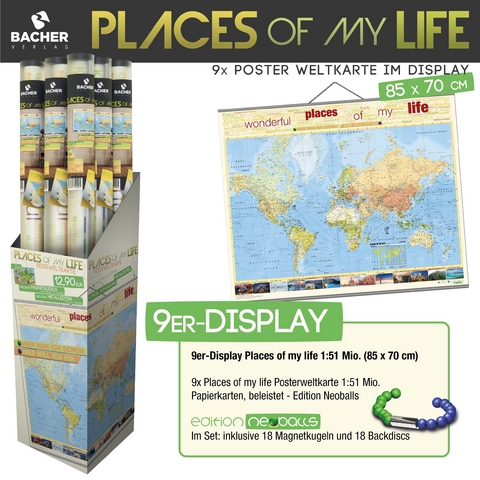 9er-Display Welt "Places of my life", Edition Neoballs, 1:51 Mio., beleistet