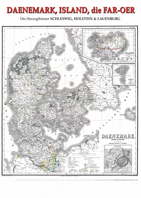 Historische Karte von DÄNEMARK, ISLAND, FAROER Inseln, 1858 [durchgesehen 1865] (Plano)