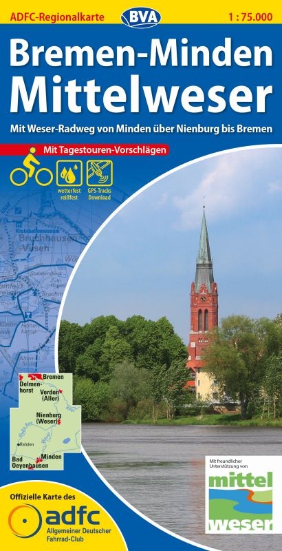 ADFC-Regionalkarte Bremen-Minden Mittelweser mit Tagestouren-Vorschlägen, 1:75.000, reiß- und wetterfest, GPS-Tracks Download