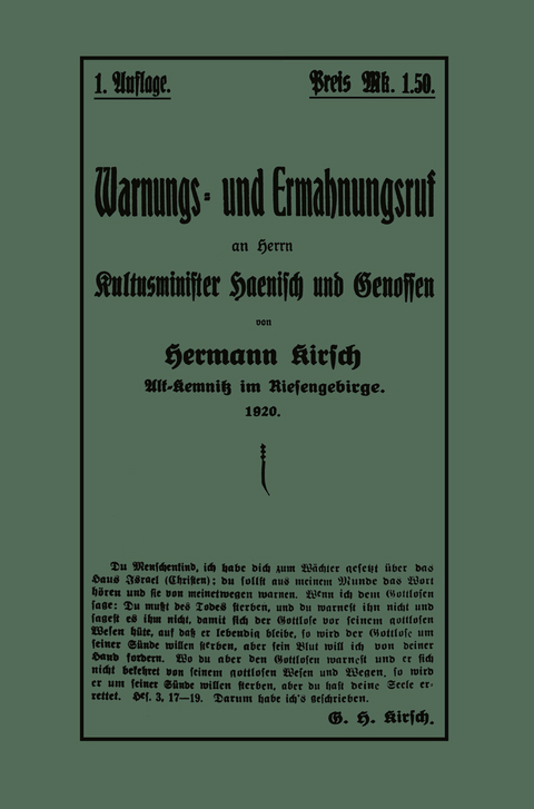 Warnungs- und Ermahnungsruf an Herrn Kultusminister Haenisch und Genossen - Hermann Kirsch