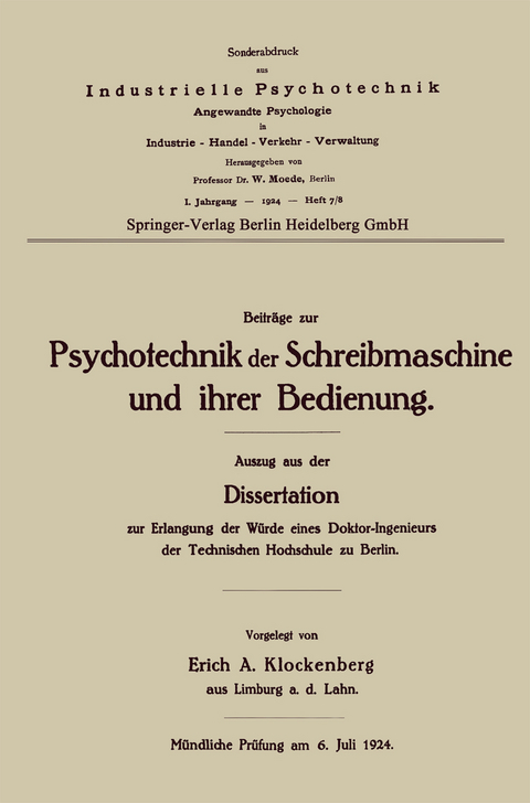 Beiträge zur Psychotechnik der Schreibmaschine und ihrer Bedienung - Erich Alexander Klockenberg