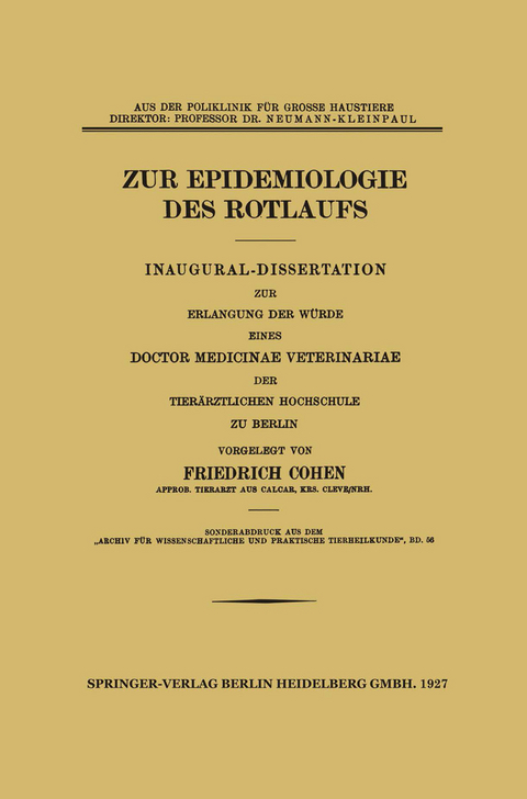 Zur Epidemiologie des Rotlaufs - Friedrich Cohen