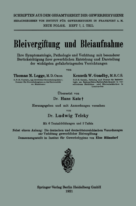 Bleivergiftung und Bleiaufnahme - Thomas Morison Legge, Kenneth Weldon Goadby, Hans Katz, Ludwig Teleky
