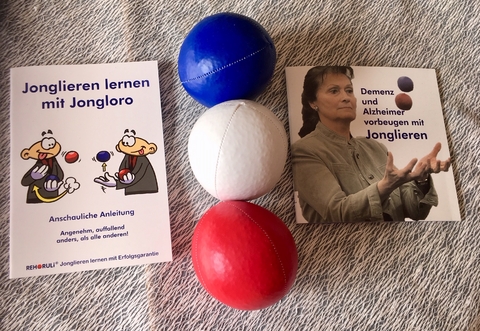 Broschüre "Demenz und Alzheimer vorbeugen mit Jonglieren" plus 3 Jonglierbälle plus Jonglier-Anleitung - Stephan Ehlers