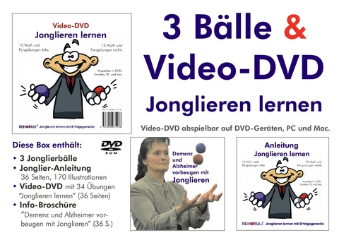 Video-DVD "Jonglieren lernen" plus Broschüre "Demenz und Alzheimer vorbeugen mit Jonglieren" plus 3 Jonglierbälle plus Jonglier-Anleitung - Stephan Ehlers