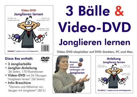 Video-DVD "Jonglieren-lernen" plus Broschüre "Demenz und Alzheimer vorbeugen mit Jonglieren" plus 3 Jonglierbälle plus Jonglier-Anleitung - Stephan Ehlers