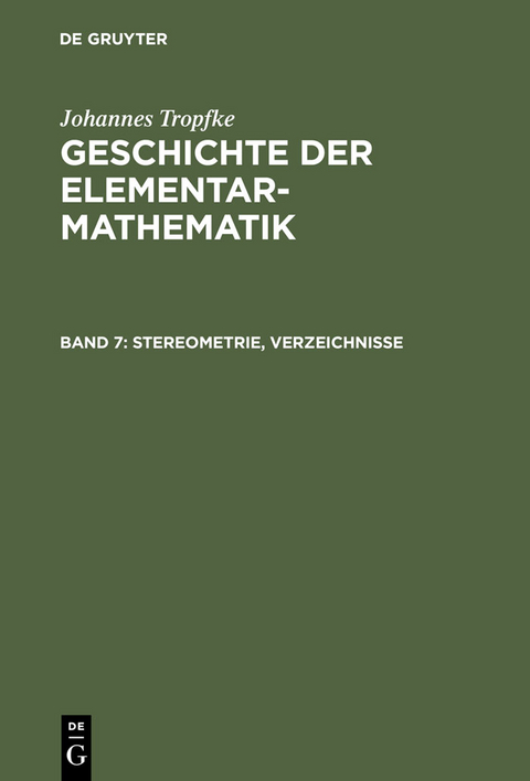 Stereometrie, Verzeichnisse - Johannes Tropfke