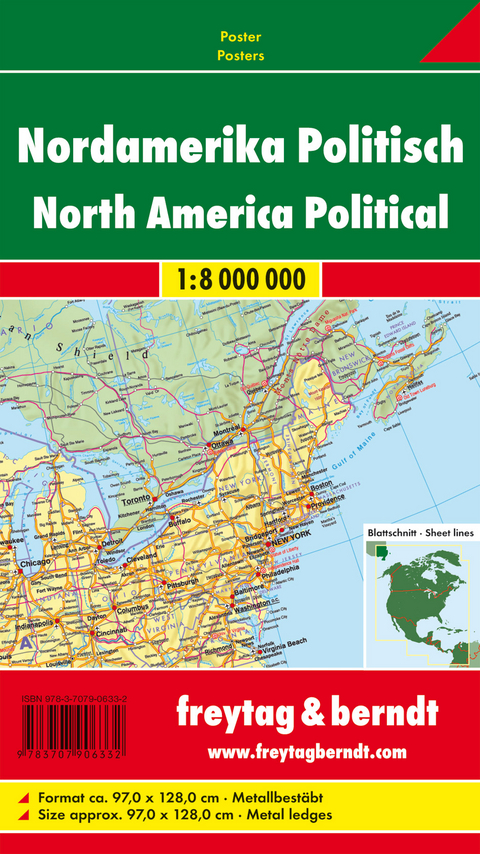 Nordamerika politisch, 1:8 Mill., Poster, metallbestäbt - 