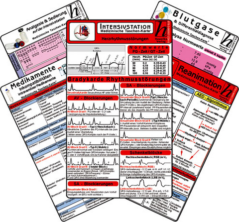Intensiv-Station Karten-Set - Analgesie & Sedierung, Blutgase & Differentialdiagnose, Herzrhythmusstörungen, Inkompatibilitäten intravenöser Medikamente, Reanimation - 