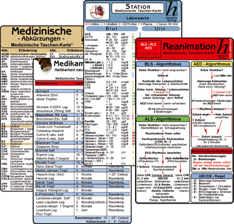 Stations Karten-Set - Laborwerte, Med. Abkürzungen, Medikamente - Haltbarkeit nach Anbruch, Reanimation - 