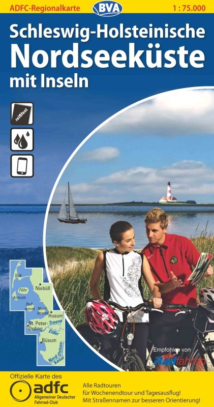 ADFC-Regionalkarte Schleswig-Holsteinische Nordseeküste mit Inseln mit Tagestouren-Vorschlägen, 1:75.000, reiß- und wetterfest, GPS-Tracks Download