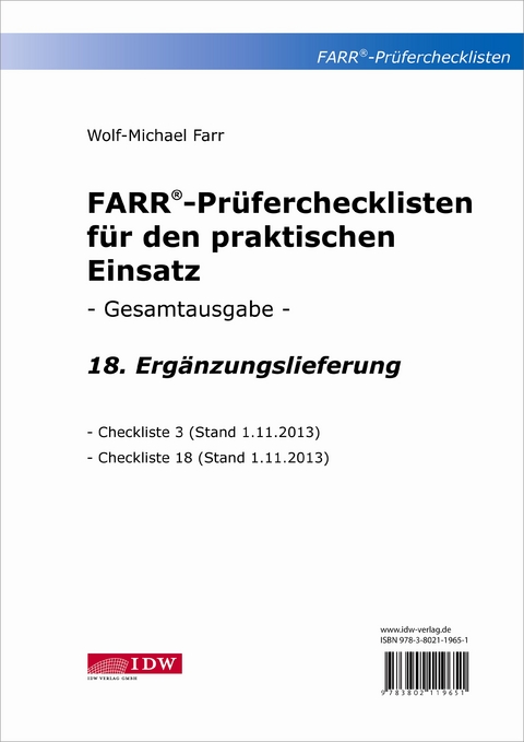 FARR Prüferchecklisten für den praktischen Einsatz / FARR Prüferchecklisten für den praktischen Einsatz - 18. Ergänzungslieferung - Wolf-Michael Farr
