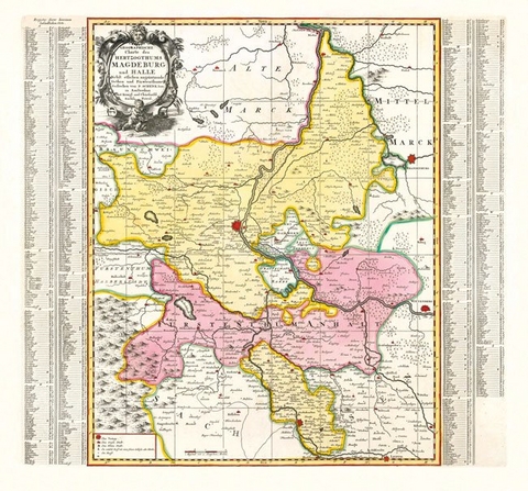 Historische Karte: HERZOGTUM MAGDEBURG mit Halle und Fürstentum Anhalt, um 1750 - Peter (der Jüngere) Schenk