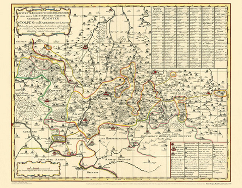 Historische Karte: Ämter Stolpen, Radeberg und Lausitz, 1754 (Plano) - Peter (der Jüngere) Schenk