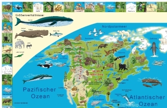 Illustrierte Weltkarte Tiere, Posterkarte