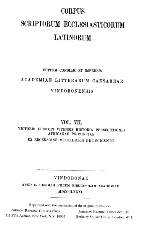 Victoris Episcopi Vitensis historia persecutionis Africanae provincia - 