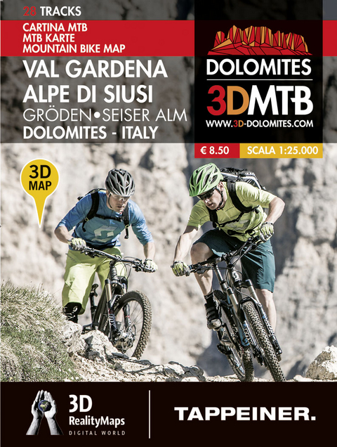 Gröden, Seiser Alm, MTB Karte. Val Gardena, Alpe di Siusi, Cartina MTB. Dolomites, Italy, Mountain Bike Map