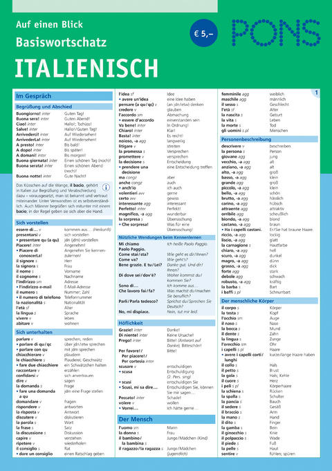 Auf einen Blick PONS Basiswortschatz Italienisch