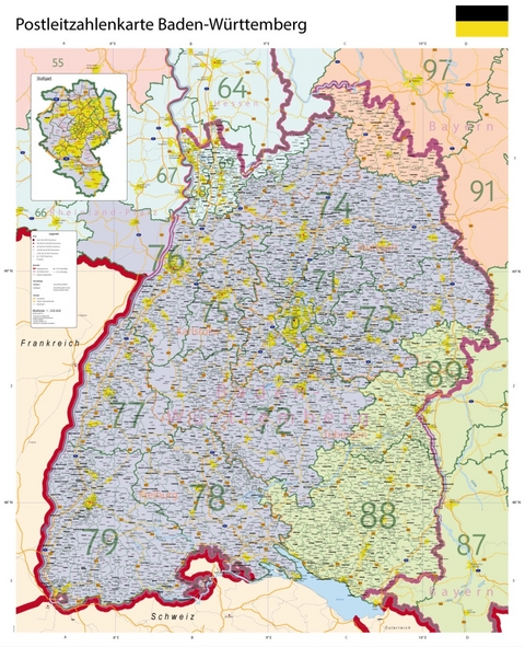 Postleitzahlenkarte Baden-Württemberg XL mit Laminierung (beschreib- und abwischbar)