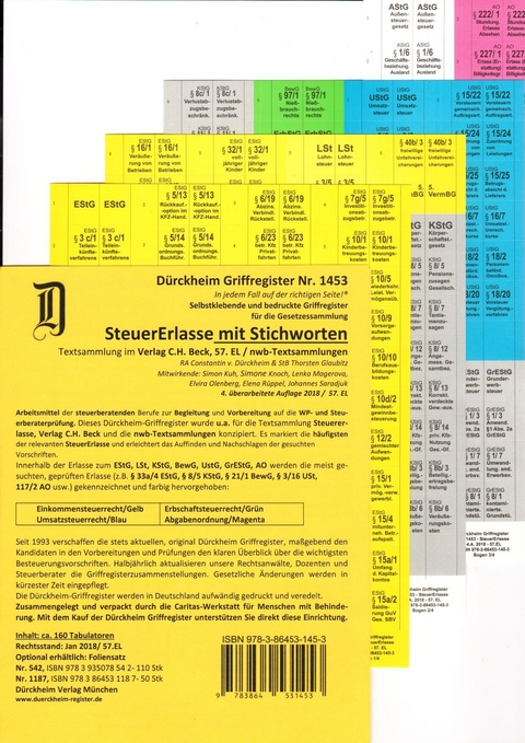 STEUERERLASSE Dürckheim-Griffregister Nr. 1453 (2018/57.EL) mit Stichworten - 