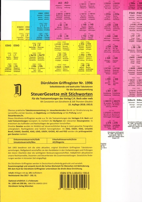 STEUERGESETZE Dürckheim-Griffregister mit Stichworten Nr. 1996 (2018) 192.EL - Thorsten Glaubitz, Constantin von Dürckheim