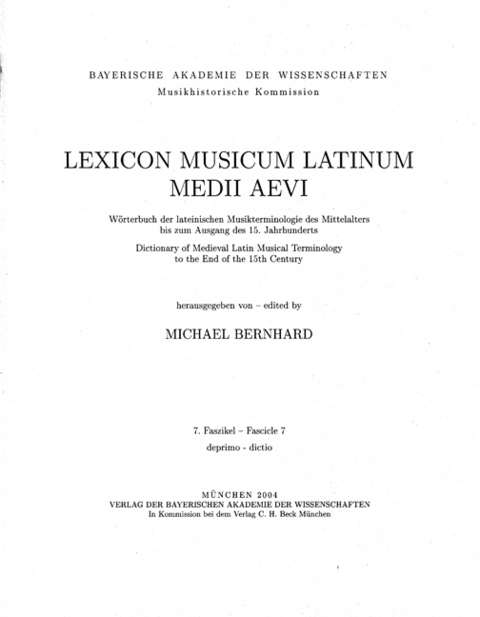 Lexicon Musicum Latinum Medii Aevi 7. Faszikel - Fascicle 7 (deprimo - dictio) - 