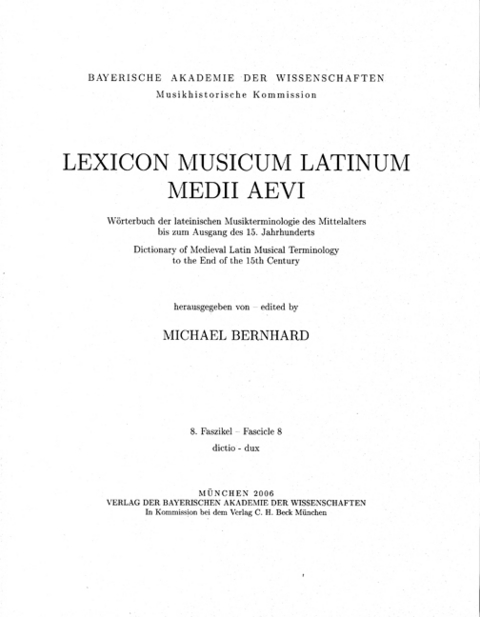 Lexicon Musicum Latinum Medii Aevi 8. Faszikel - Fascicle 8 (dictio - dux) - 