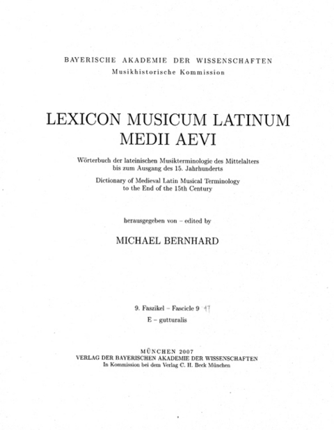 Lexicon Musicum Latinum Medii Aevi 9. Faszikel - Fascicle 9 (e - gutturalis) - 