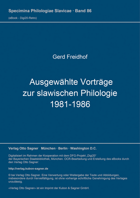 Ausgewählte Vorträge zur slawischen Philologie 1981-1986 - Gerd Freidhof